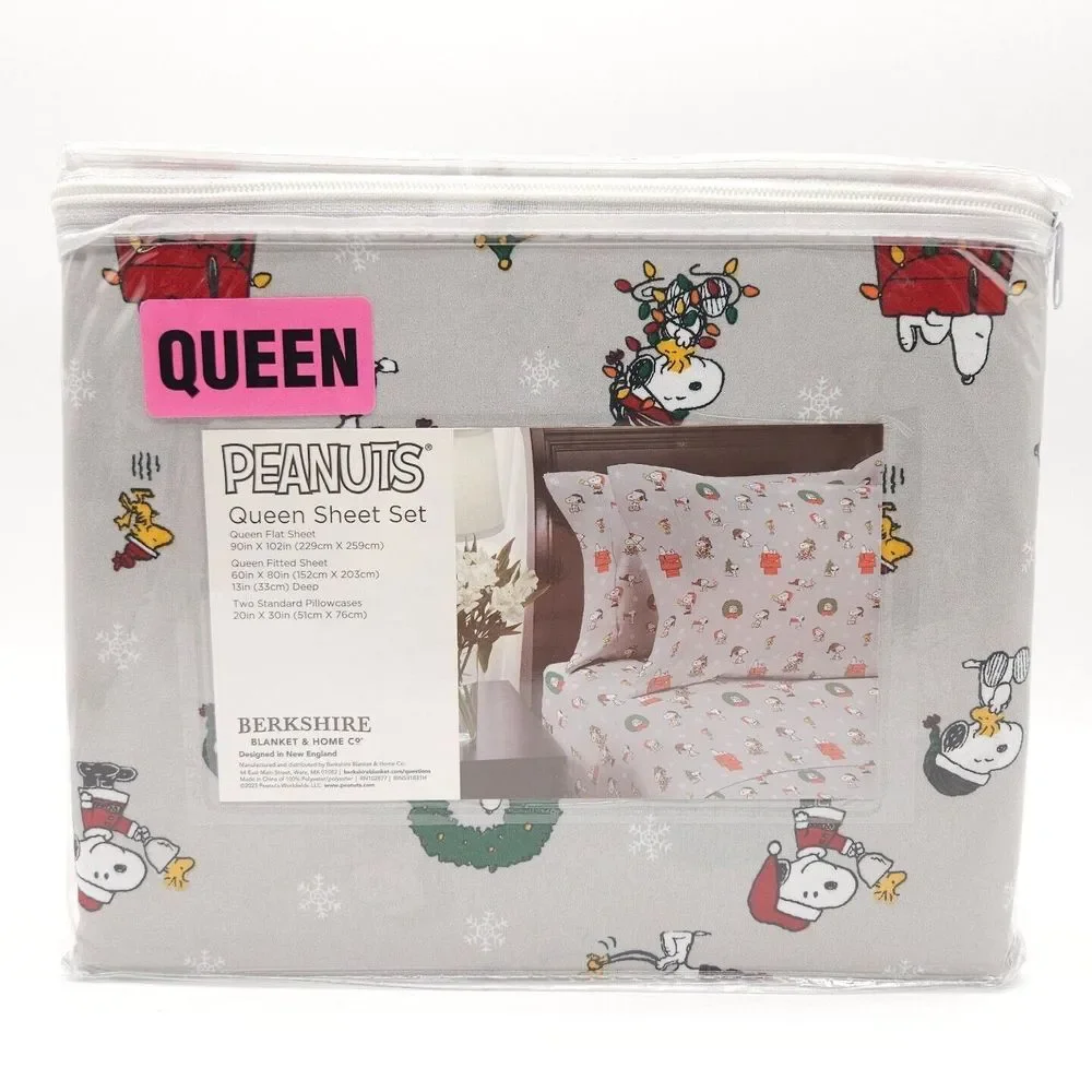 Berkshire Peanuts Snoopy Woodstock Christmas Holiday‎ Queen Sheet Set Gray New